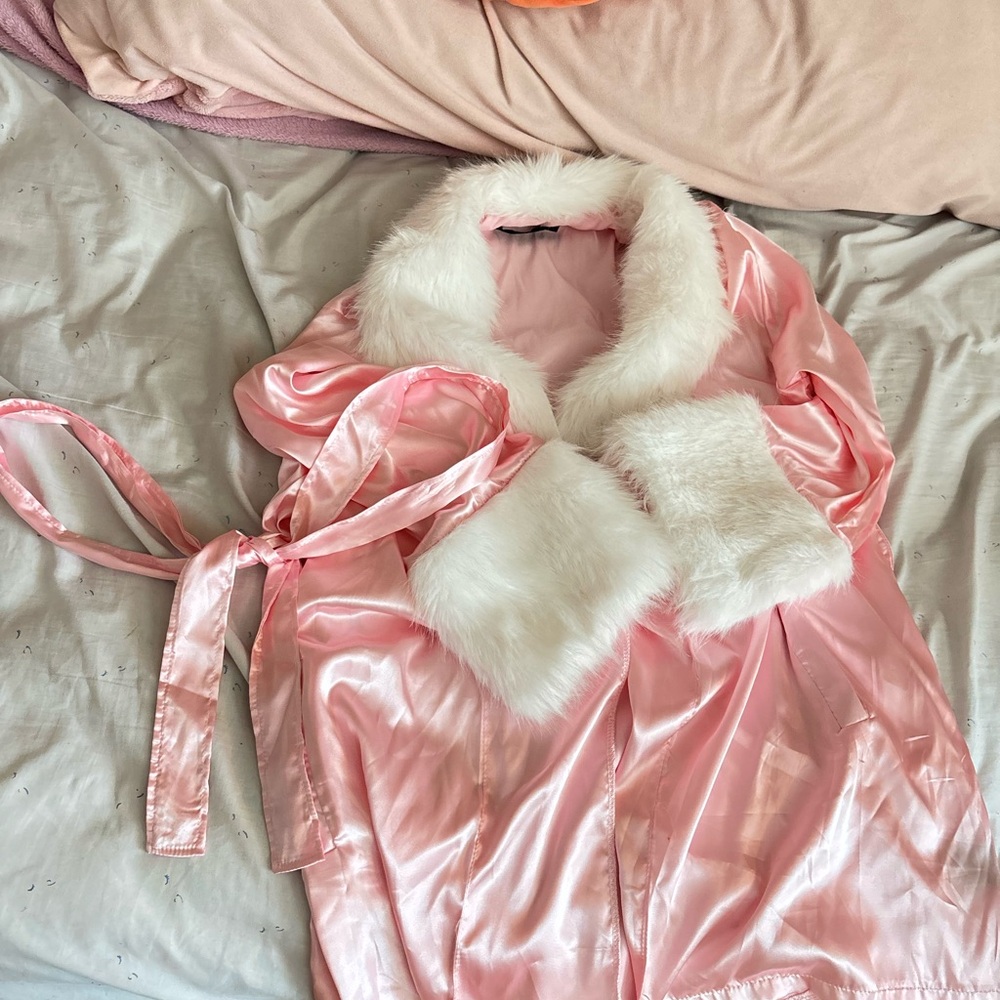Pink Satin Robe with Faux Fur Trim